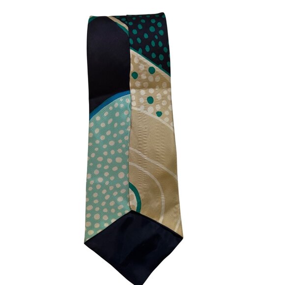 Vintage Silk Tie Abstract Polka Dots & Geometric Pattern Teal Beige Navy & Green - Picture 1 of 2